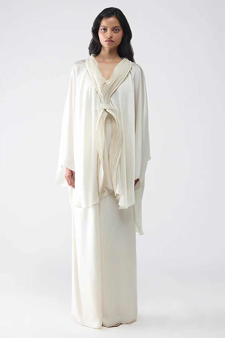 Pearl White Satin Chiffon Cape Set by Amit Aggarwal at Pernia's Pop Up Shop