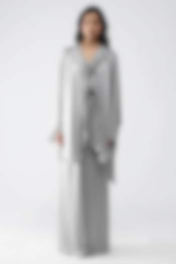 Steel Grey Satin Chiffon Cape Set by Amit Aggarwal at Pernia's Pop Up Shop
