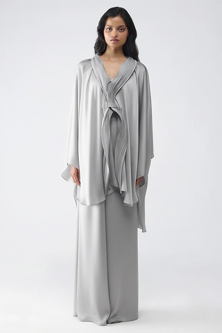 Steel Grey Satin Chiffon Cape Set by Amit Aggarwal at Pernia's Pop Up Shop
