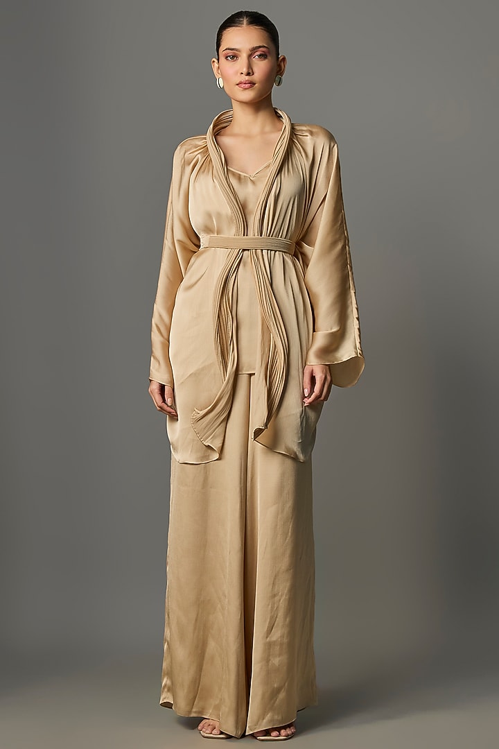 Gold Micro-Pleated Satin Chiffon Cape Set by Amit Aggarwal at Pernia's Pop Up Shop