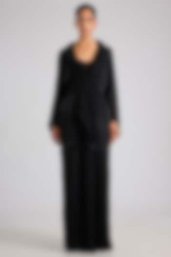 Black Satin Chiffon Micro-Pleated Cape Set by Amit Aggarwal at Pernia's Pop Up Shop