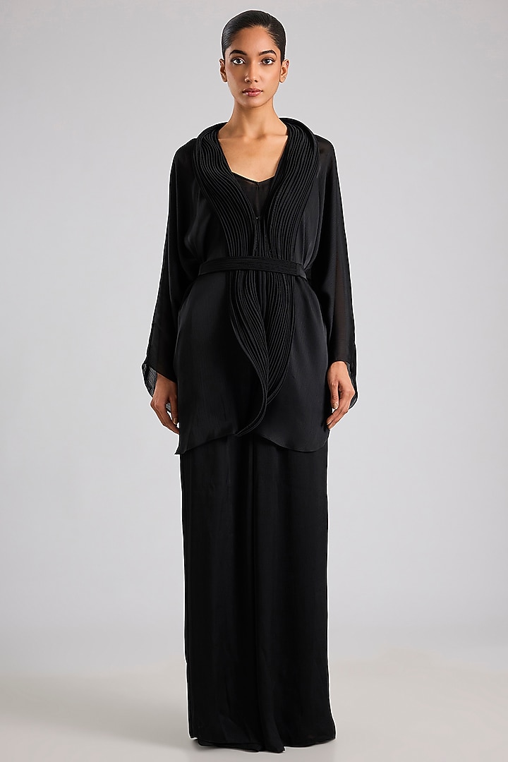 Black Satin Chiffon Micro-Pleated Cape Set by Amit Aggarwal at Pernia's Pop Up Shop