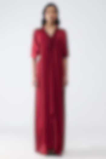 Deep Red Satin Chiffon Draped Cocktail Dress by Amit Aggarwal at Pernia's Pop Up Shop