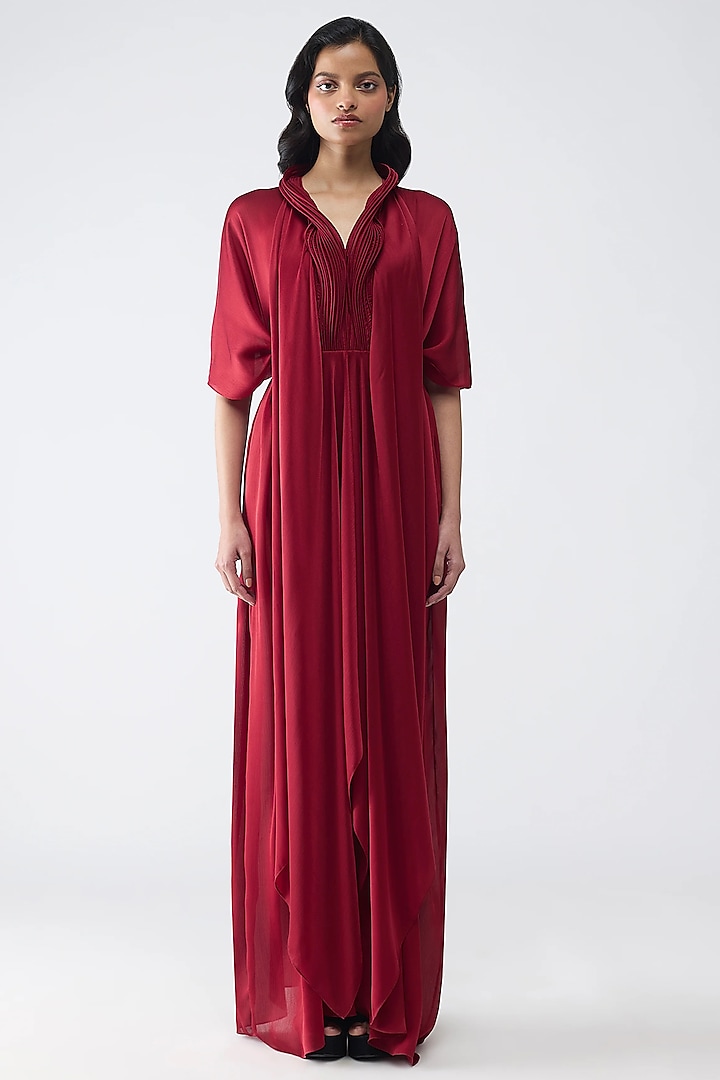Deep Red Satin Chiffon Draped Cocktail Dress by Amit Aggarwal at Pernia's Pop Up Shop
