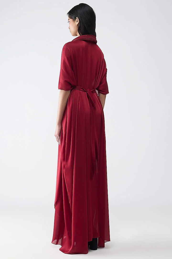 Deep Red Satin Chiffon Draped Cocktail Dress by Amit Aggarwal at Pernia's Pop Up Shop