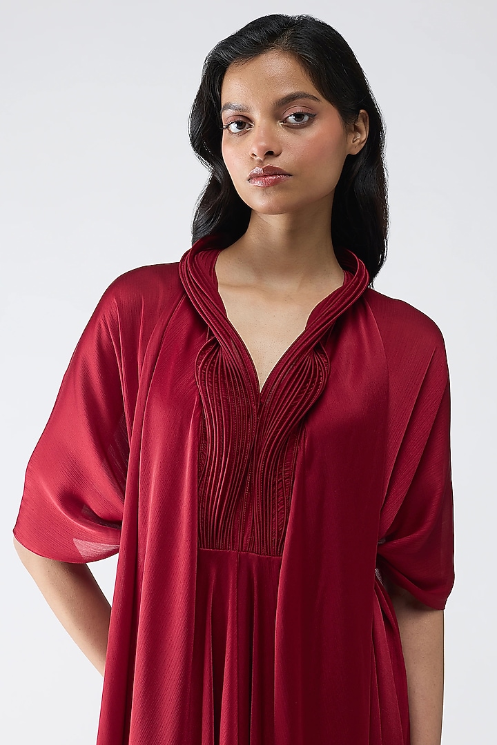 Deep Red Satin Chiffon Draped Cocktail Dress by Amit Aggarwal at Pernia's Pop Up Shop