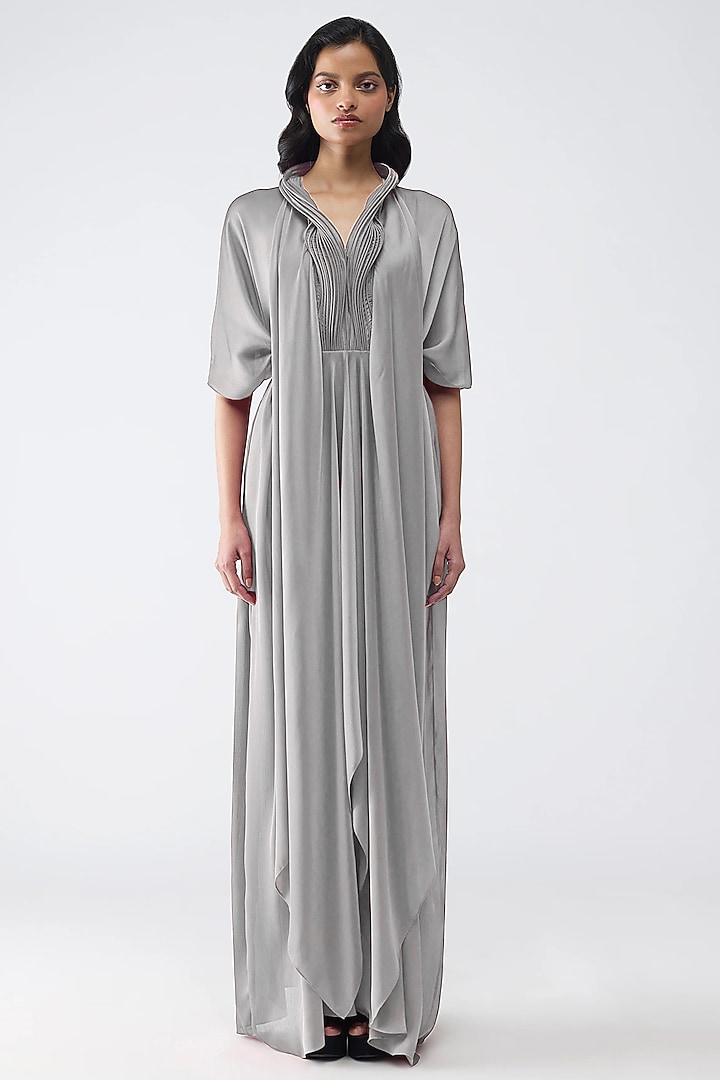 Steel Grey Satin Chiffon Draped Cocktail Dress by Amit Aggarwal at Pernia's Pop Up Shop