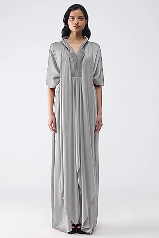 Steel Grey Satin Chiffon Draped Dress by Amit Aggarwal