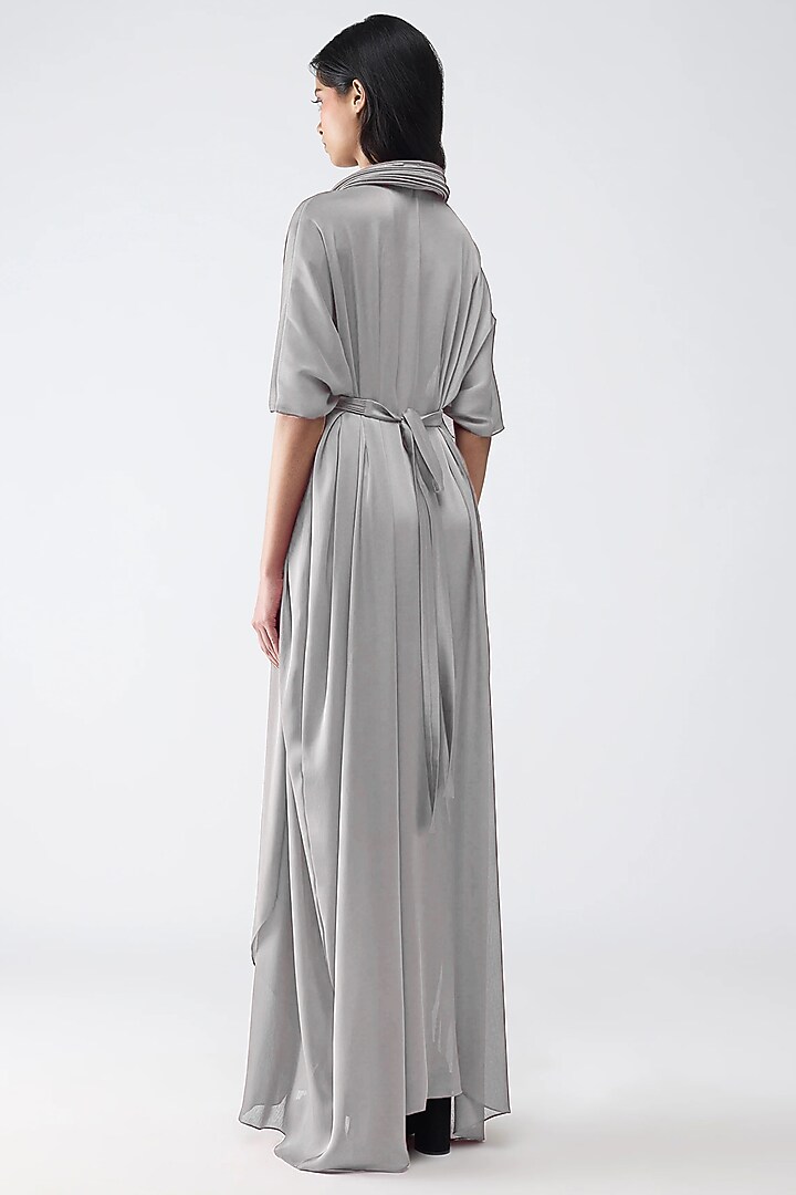 Steel Grey Satin Chiffon Draped Cocktail Dress by Amit Aggarwal at Pernia's Pop Up Shop