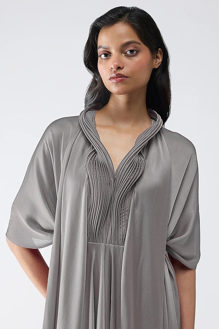 Steel Grey Satin Chiffon Draped Cocktail Dress by Amit Aggarwal at Pernia's Pop Up Shop