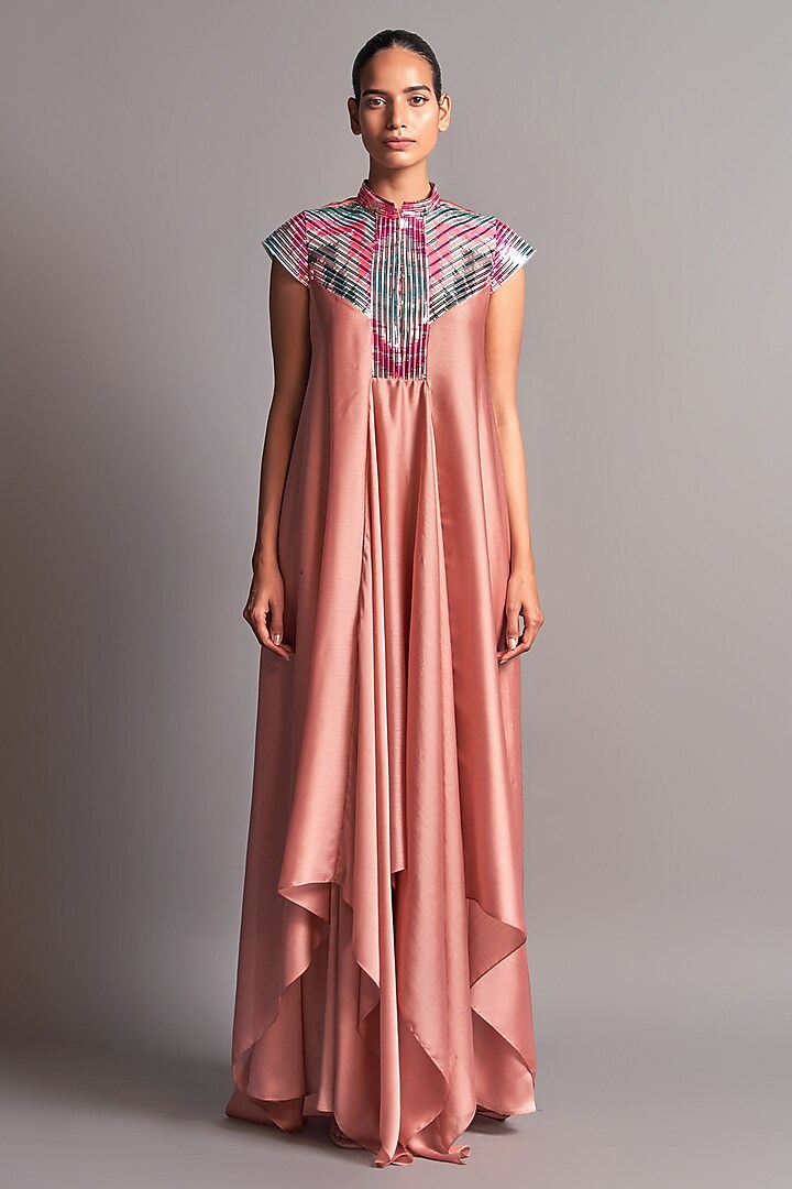 Blush Pink Dress With Metallic Chevron Detailing by Amit Aggarwal