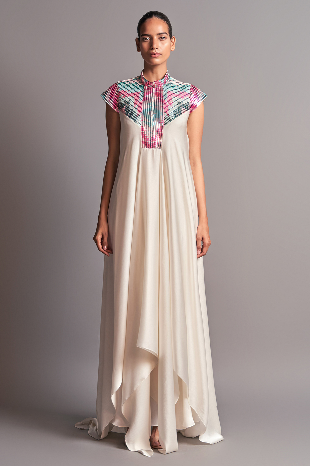 Ivory Chiffon Striped Chevron Draped Cocktail Dress by Amit Aggarwal at Pernia's Pop Up Shop