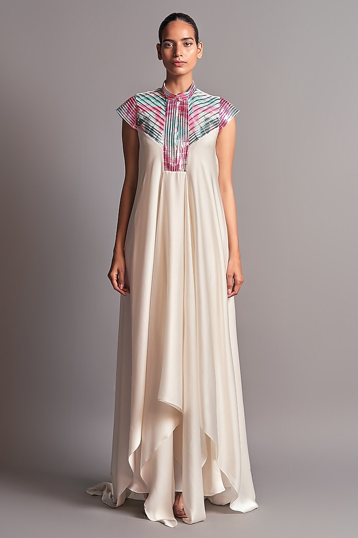 Ivory Dress With Metallic Chevron Detailing by Amit Aggarwal