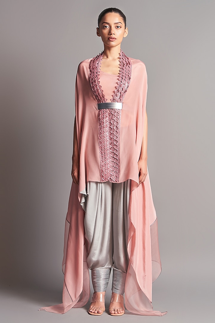 Blush Pink & Grey Embroidered Cape Set by Amit Aggarwal