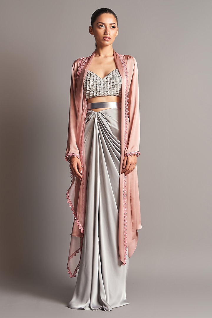 Blush Pink & Grey Draped Skirt Set by Amit Aggarwal