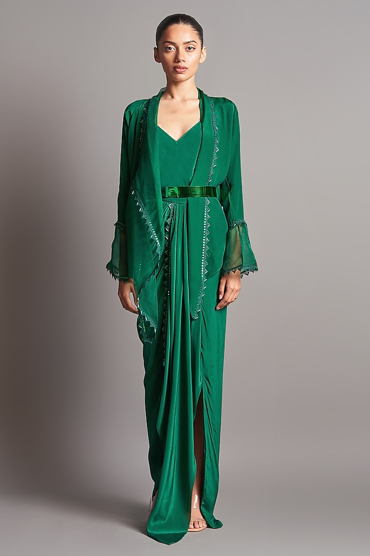 Emerald Green Embroidered Skirt Set by Amit Aggarwal