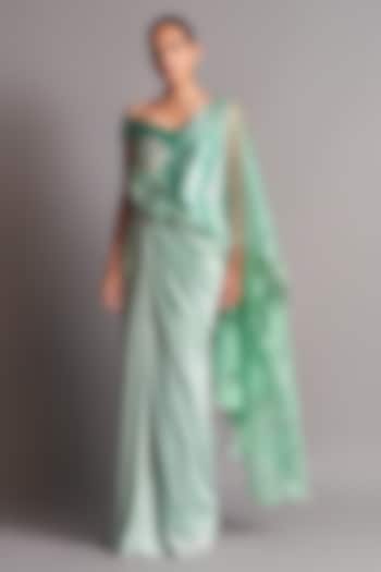 Mint Green Georgette Hand Embroidered Pre-Stitched Saree Set by Amit Aggarwal
