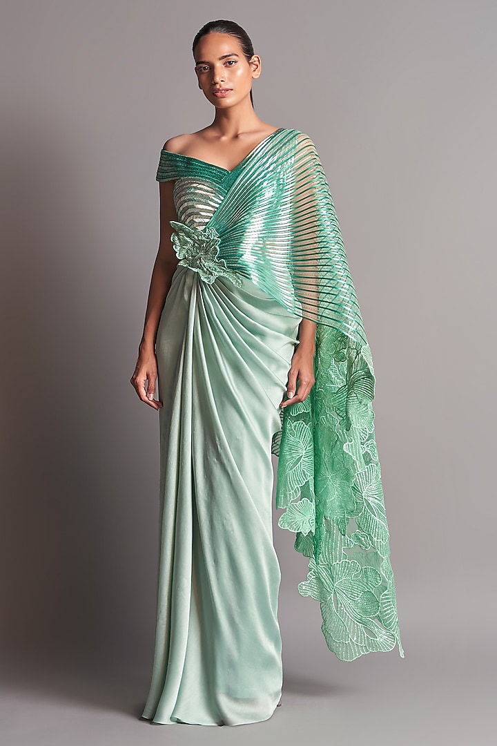 Mint Green Georgette Hand Embroidered Pre-Stitched Saree Set by Amit Aggarwal