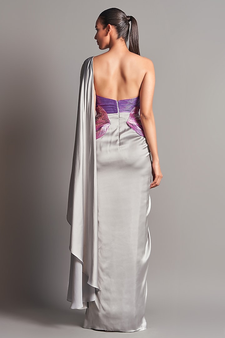 Grey Chiffon Pre-Stitched Reception Saree Set by Amit Aggarwal at Pernia's Pop Up Shop
