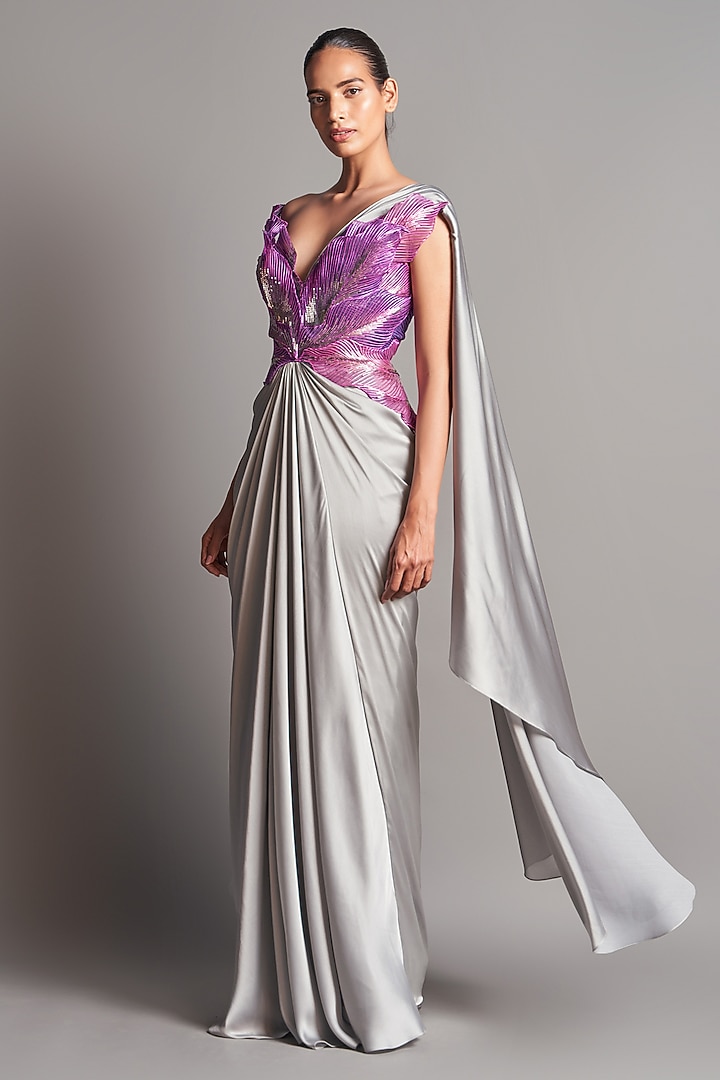 Grey Chiffon Pre-Stitched Reception Saree Set by Amit Aggarwal at Pernia's Pop Up Shop