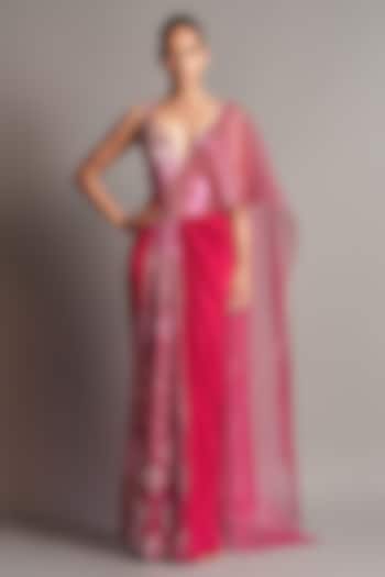 Fuchsia Hand Embroidered Pre-Stitched Bridal Saree Set by Amit Aggarwal at Pernia's Pop Up Shop