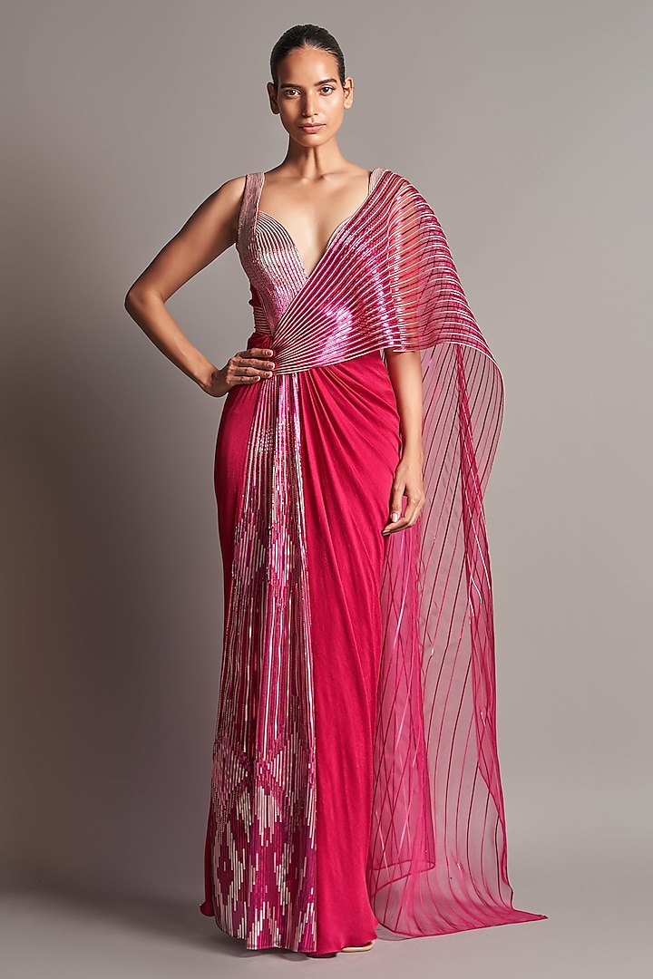 Fuchsia Hand Embroidered Pre-Stitched Saree Set by Amit Aggarwal