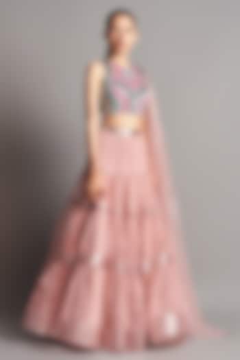Blush Pink Structured Blouse With Lehenga by Amit Aggarwal