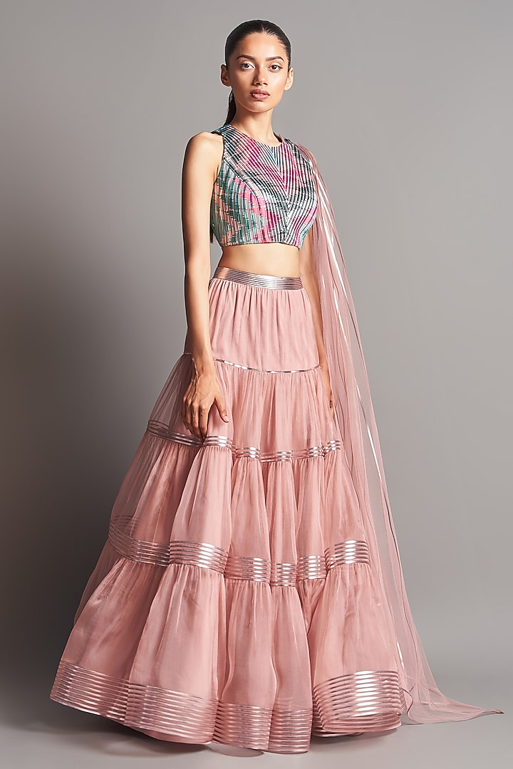 Blush Pink Structured Blouse With Lehenga by Amit Aggarwal