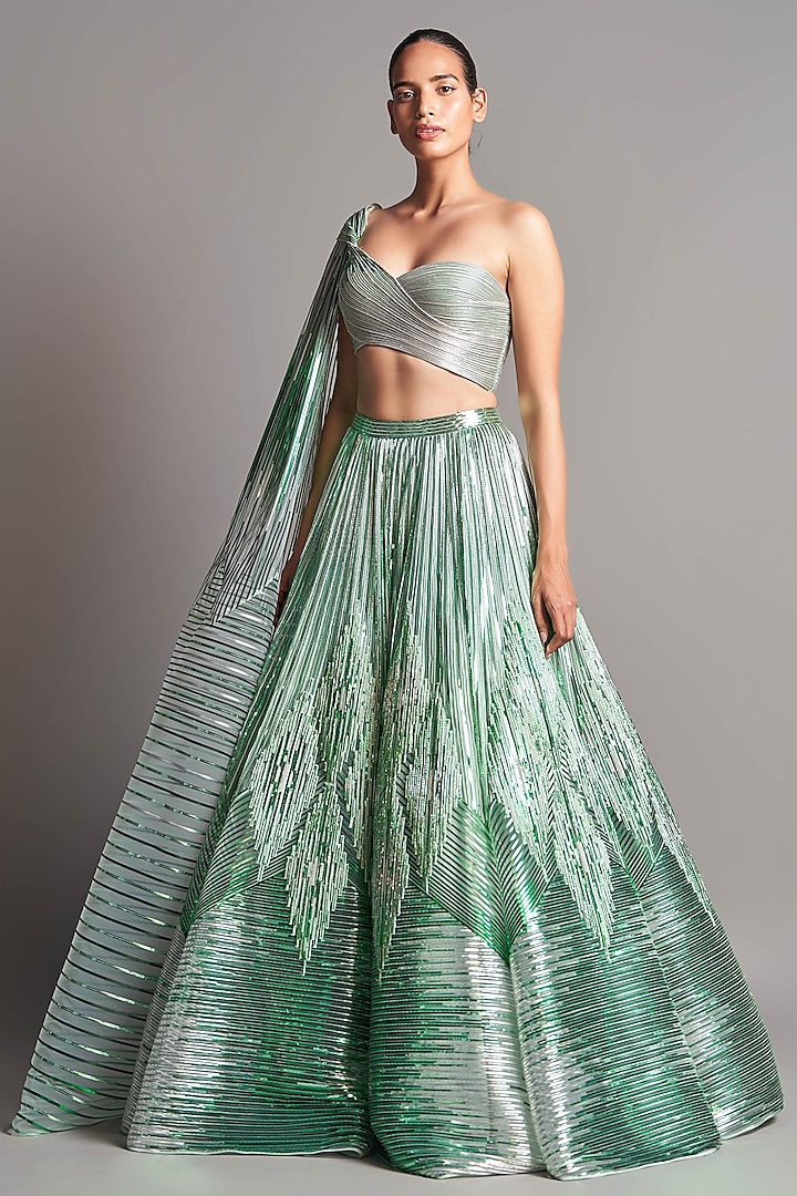 Mint Green Hand Embroidered Lehenga Set by Amit Aggarwal