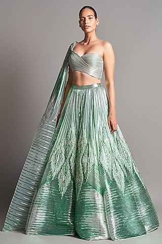 Mint Green Hand Embroidered Lehenga Set by Amit Aggarwal