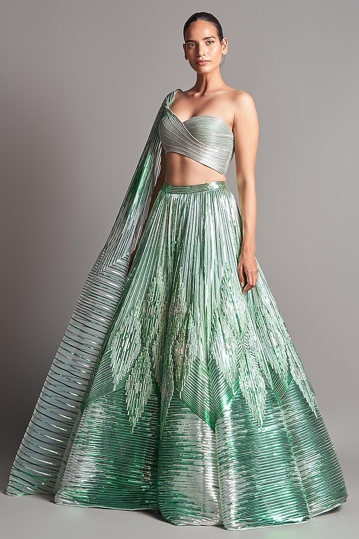 Mint Green Hand Embroidered Bridal Lehenga Set by Amit Aggarwal at Pernia's Pop Up Shop