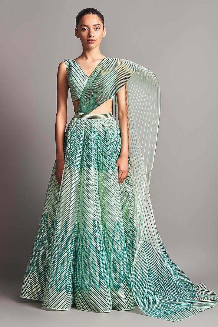 Mint Green Structured Blouse With Lehenga & Drape by Amit Aggarwal
