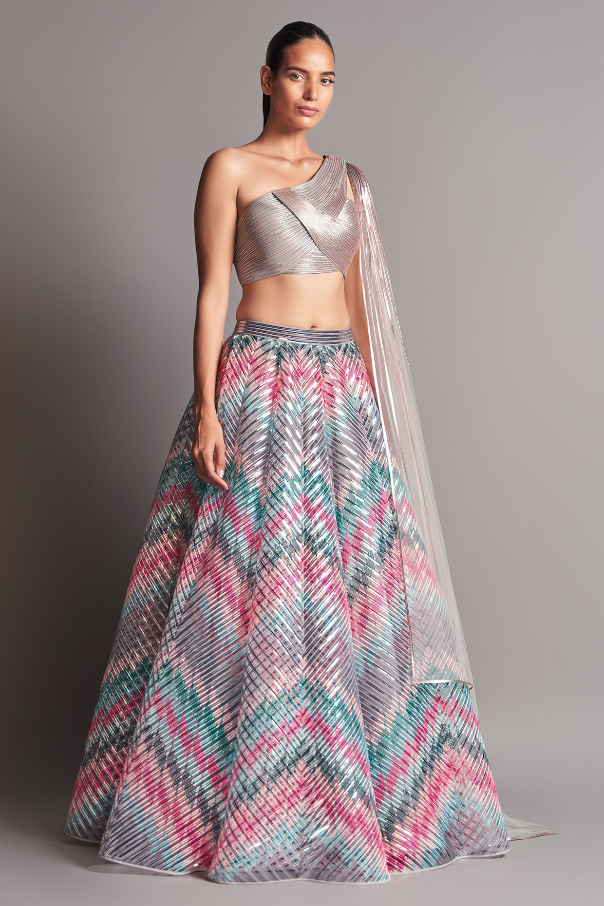 Multi Colored & Grey Hand Embroidered Bridal Lehenga Set by Amit Aggarwal at Pernia's Pop Up Shop