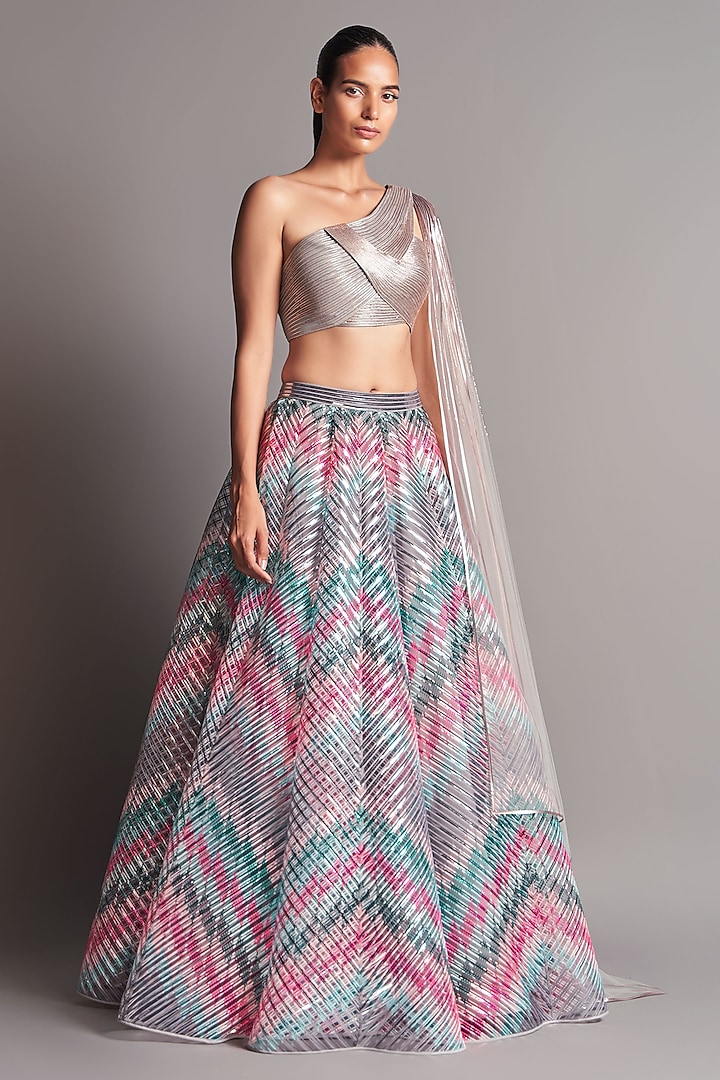 Multi Colored & Grey Hand Embroidered Lehenga Set by Amit Aggarwal