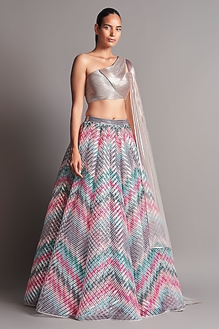 Multi Colored & Grey Hand Embroidered Lehenga Set by Amit Aggarwal