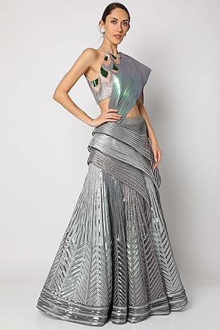 Silver Embroidered Metallic Lehenga Set by Amit Aggarwal