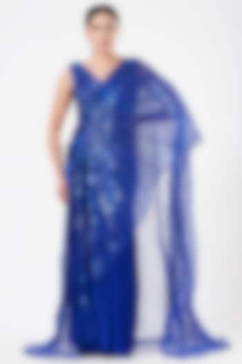 Royal Blue Chiffon & Tulle Metallic Embroidered Pre-Stitched Saree Set by Amit Aggarwal