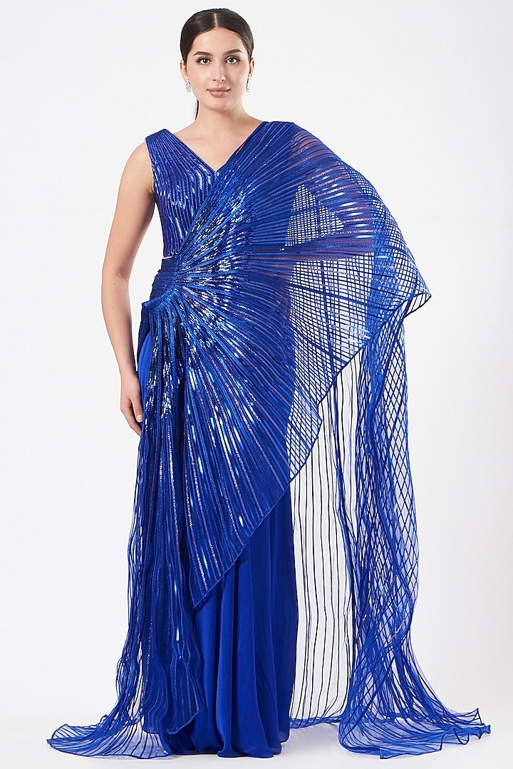 Royal Blue Chiffon & Tulle Metallic Embroidered Pre-Stitched Saree Set by Amit Aggarwal