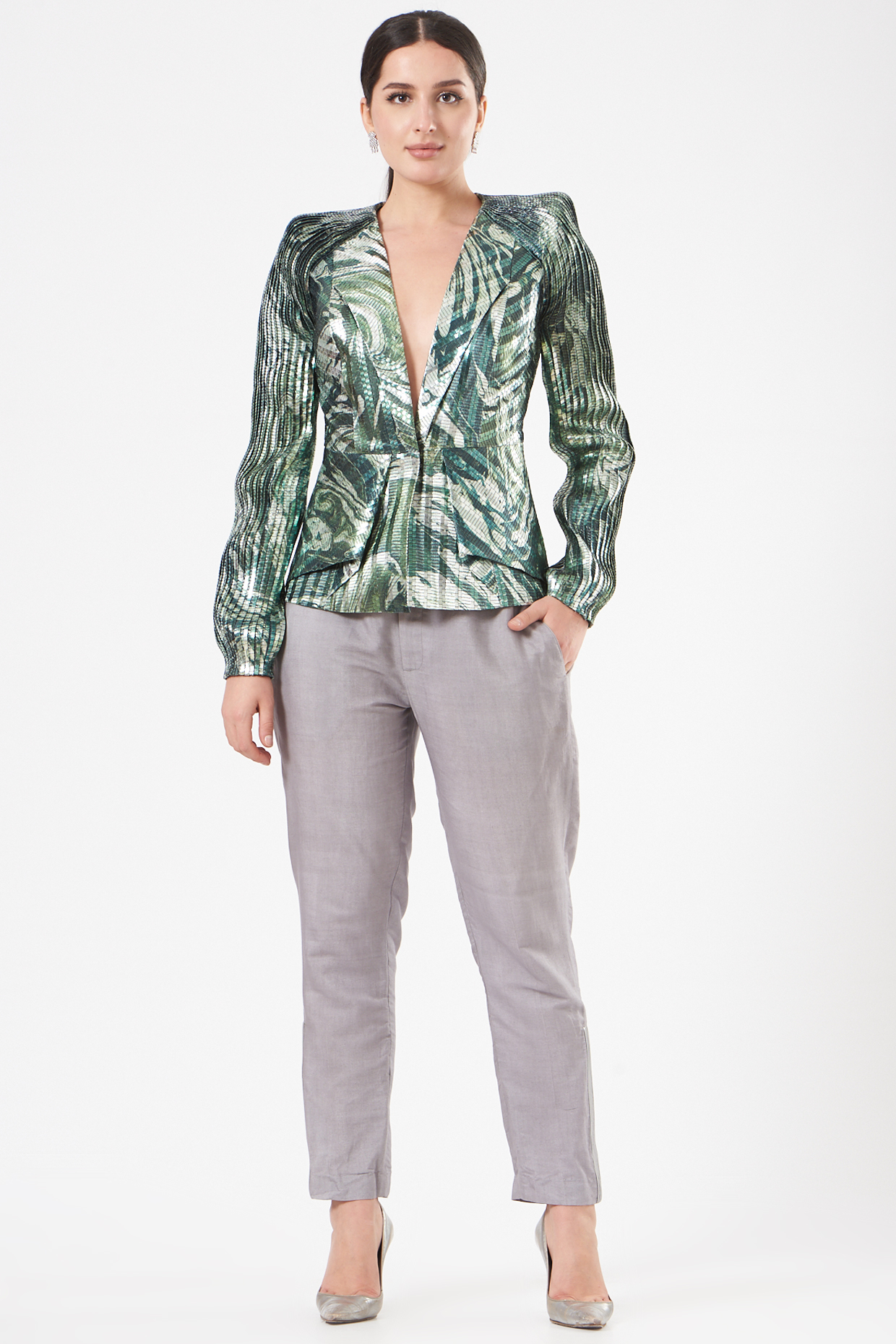 Emerald Green Mesh Jacket Set by Amit Aggarwal at Pernia's Pop Up Shop