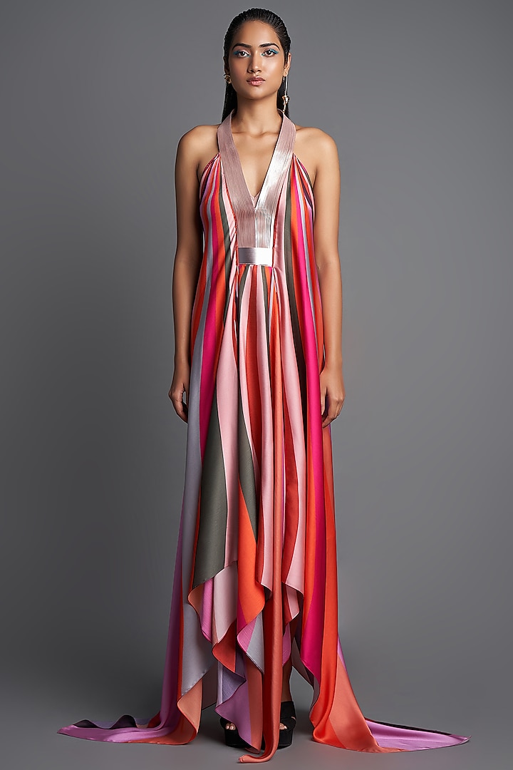 Pink Sunray Chiffon Draped Dress by Amit Aggarwal