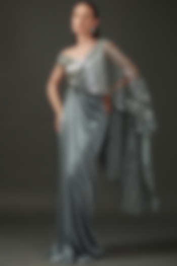 Grey Metallic Polymer Pre-Stitched Saree Set by Amit Aggarwal