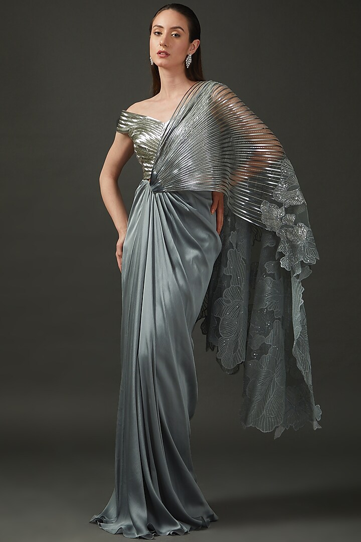 Grey Metallic Polymer Pre-Stitched Saree Set by Amit Aggarwal