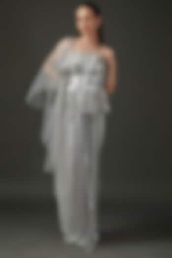 Silver Jersey & Tulle Hand Embroidered Pre-Stitched Saree Set by Amit Aggarwal