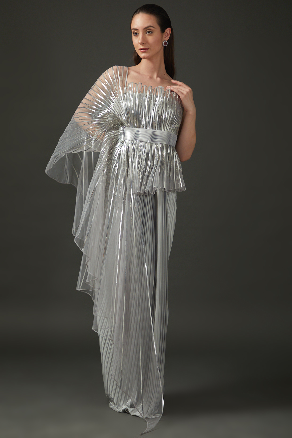 Silver Jersey & Tulle Hand Embroidered Pre-Stitched Saree Set by Amit Aggarwal