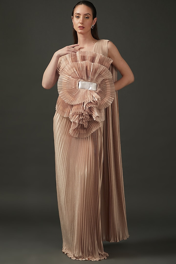 Peach Jersey & Organza Hand Embroidered Draped Peplum Gown by Amit Aggarwal