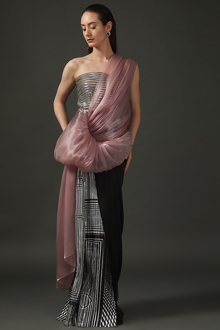 Black & White Stretch Crepe Pre-Stitched Handwoven Striped Saree by Amit Aggarwal