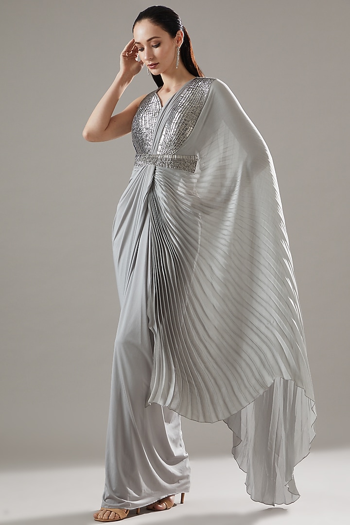 Silver Jersey Molded Gown Saree by Amit Aggarwal