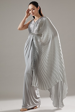Silver Jersey Molded Gown Saree by Amit Aggarwal
