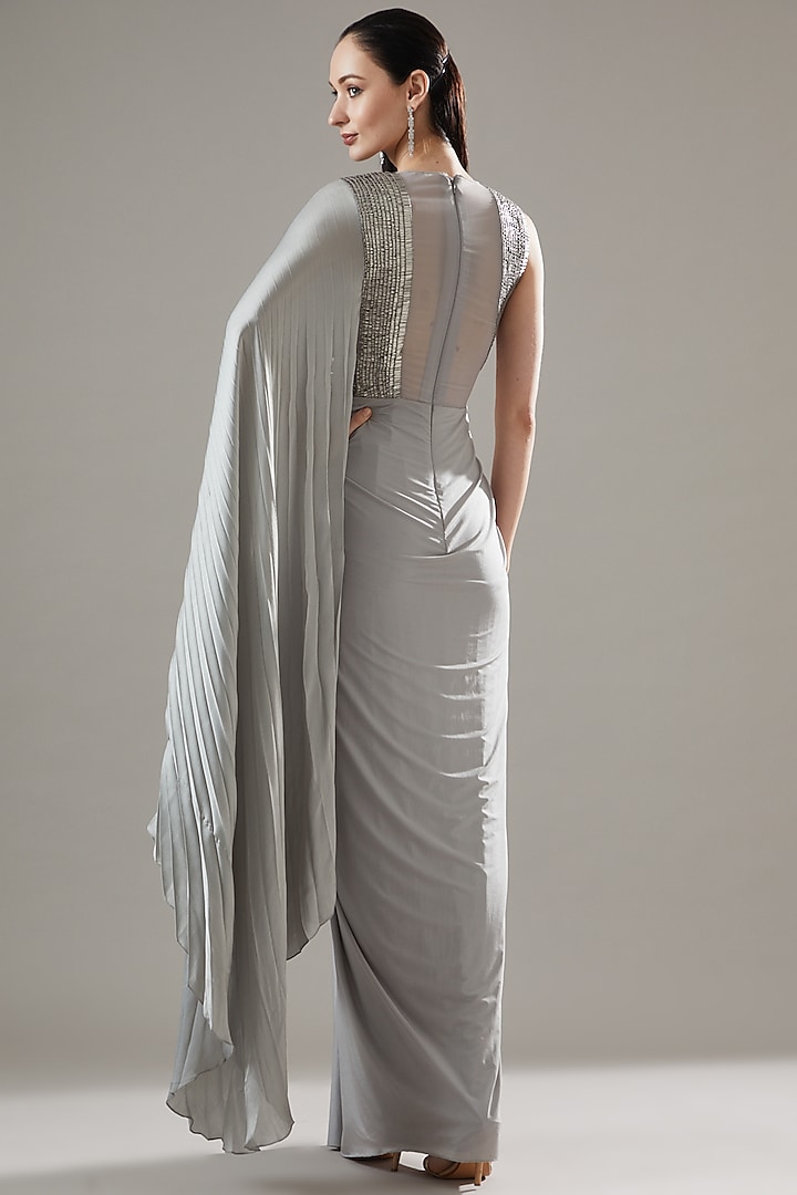 Silver Jersey Molded Reception Gown Saree by Amit Aggarwal at Pernia's Pop Up Shop