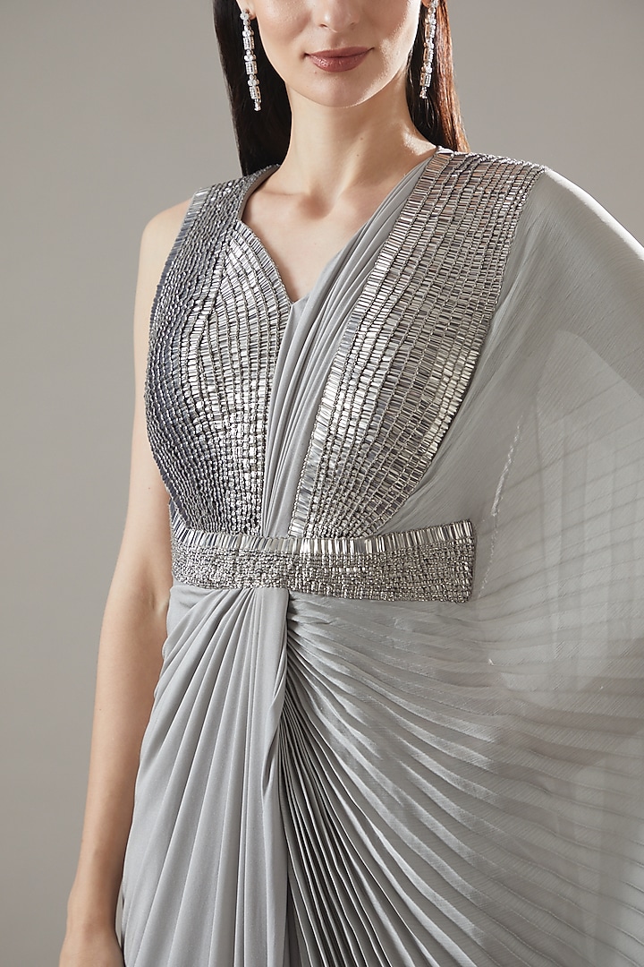Silver Jersey Molded Reception Gown Saree by Amit Aggarwal at Pernia's Pop Up Shop